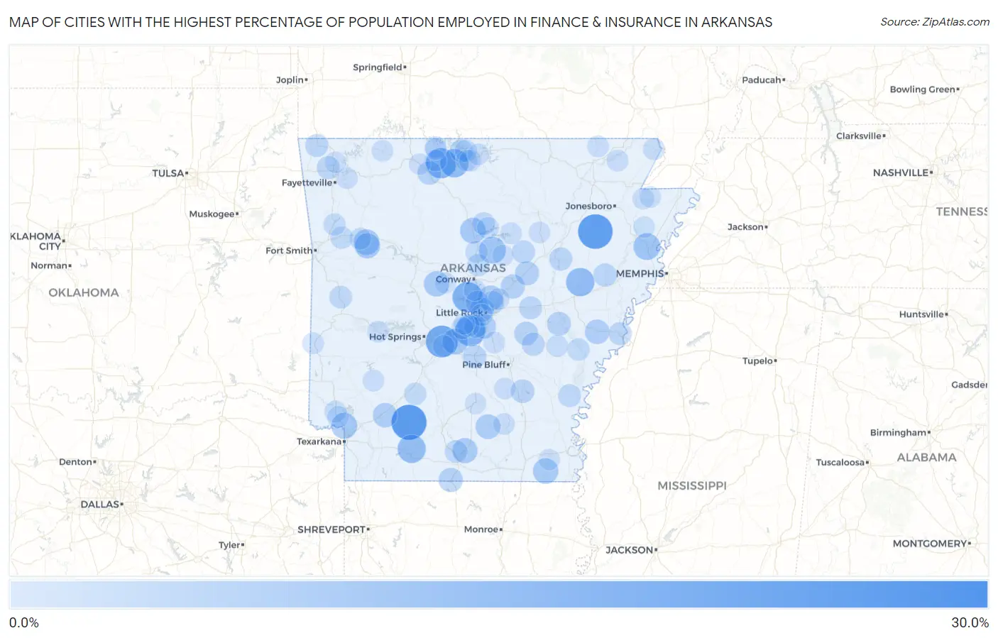 Cities with the Highest Percentage of Population Employed in Finance & Insurance in Arkansas Map