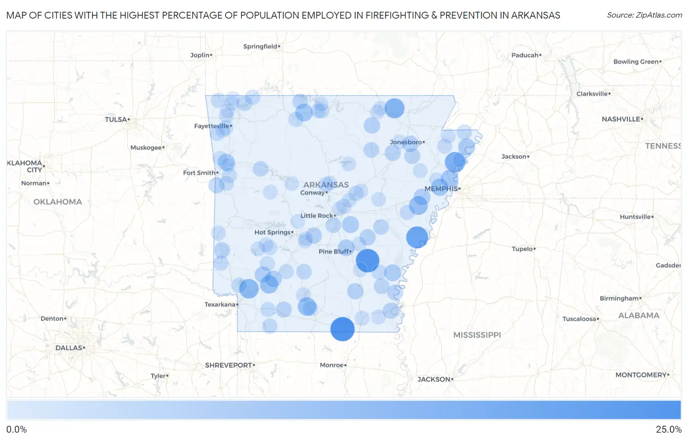 Cities with the Highest Percentage of Population Employed in Firefighting & Prevention in Arkansas Map