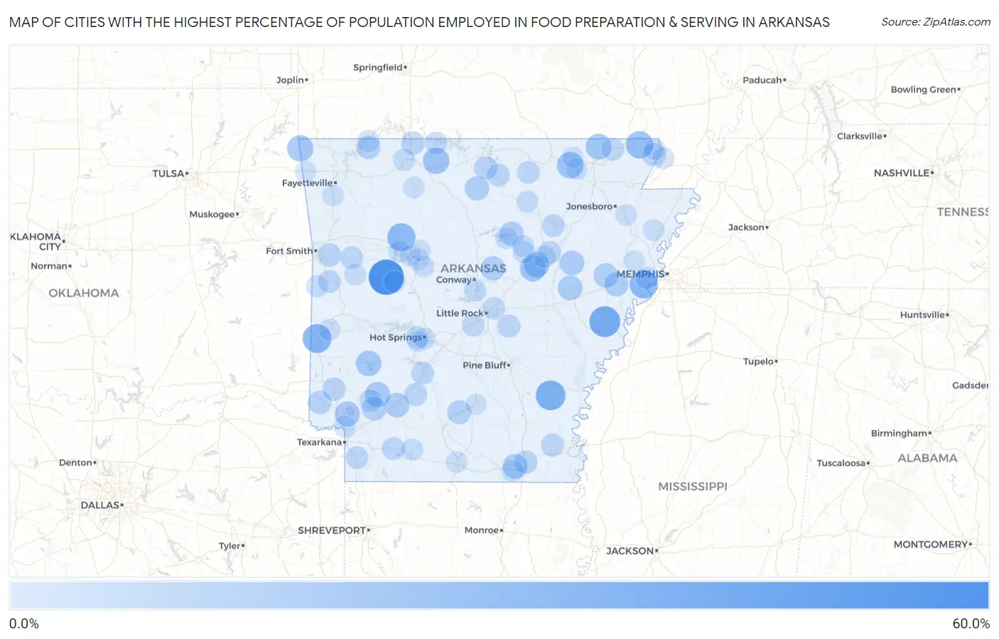Cities with the Highest Percentage of Population Employed in Food Preparation & Serving in Arkansas Map