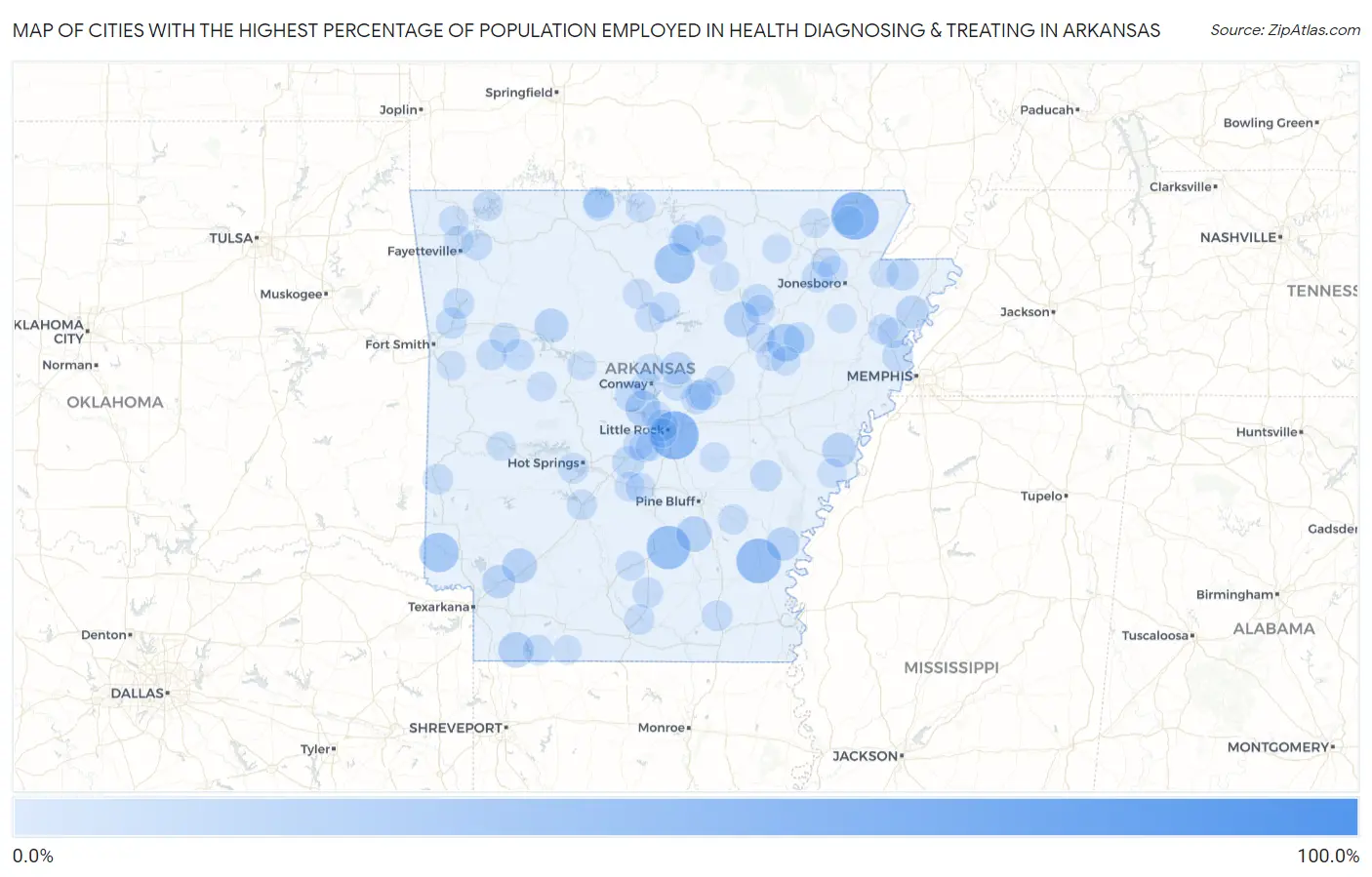 Cities with the Highest Percentage of Population Employed in Health Diagnosing & Treating in Arkansas Map