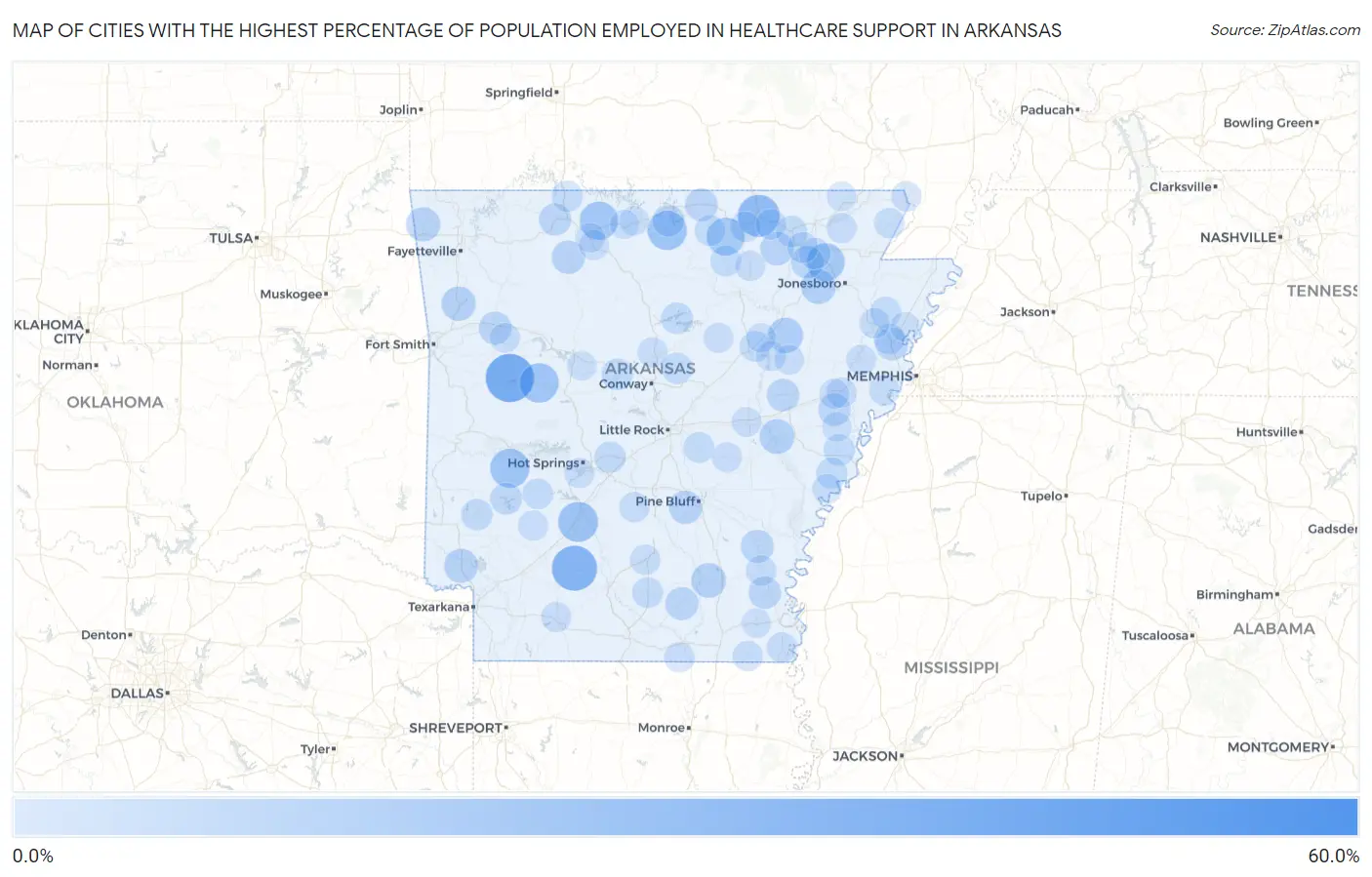 Cities with the Highest Percentage of Population Employed in Healthcare Support in Arkansas Map