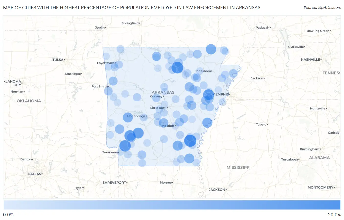 Cities with the Highest Percentage of Population Employed in Law Enforcement in Arkansas Map