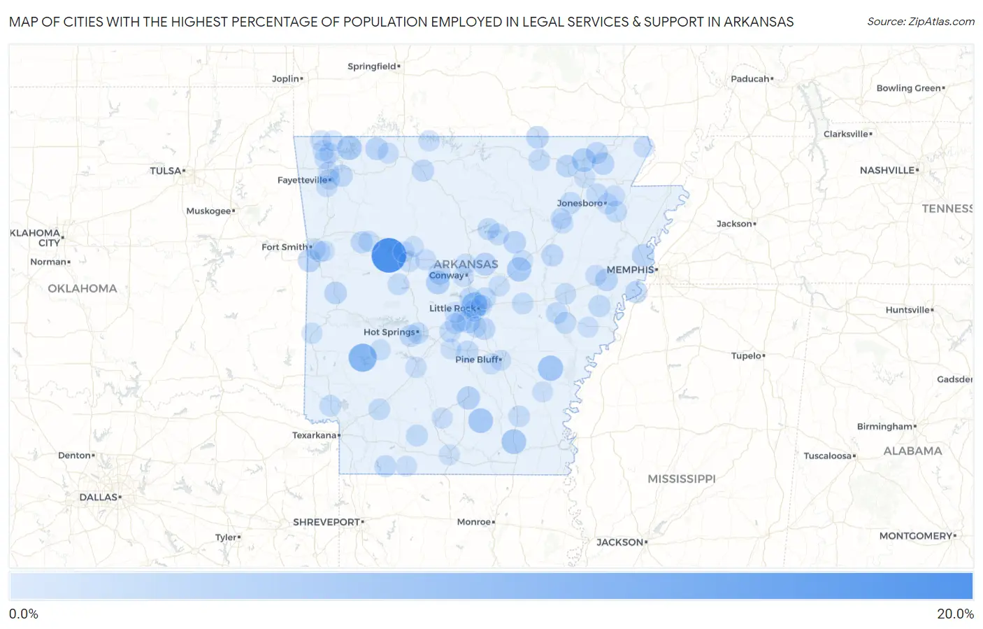 Cities with the Highest Percentage of Population Employed in Legal Services & Support in Arkansas Map