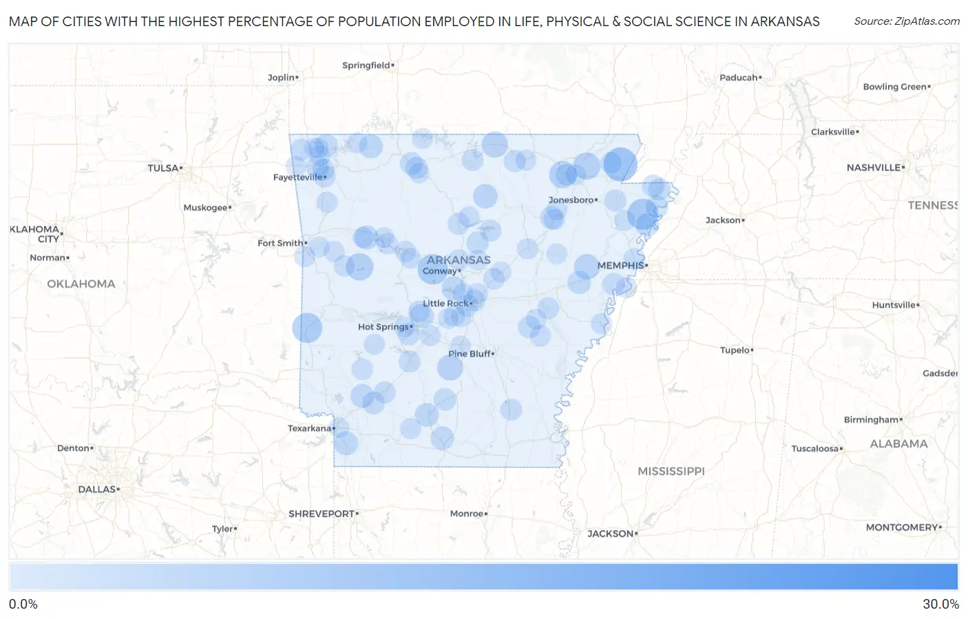 Cities with the Highest Percentage of Population Employed in Life, Physical & Social Science in Arkansas Map