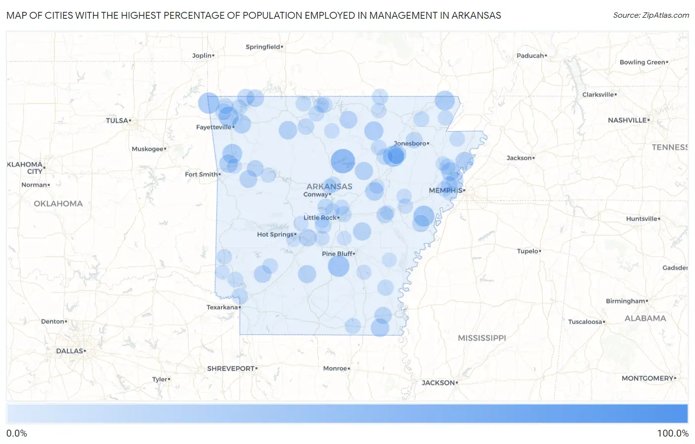 Cities with the Highest Percentage of Population Employed in Management in Arkansas Map