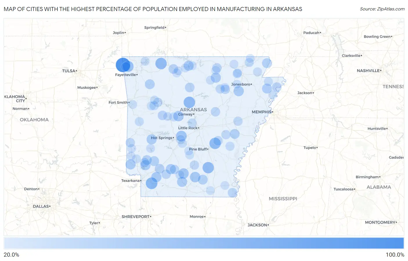 Cities with the Highest Percentage of Population Employed in Manufacturing in Arkansas Map