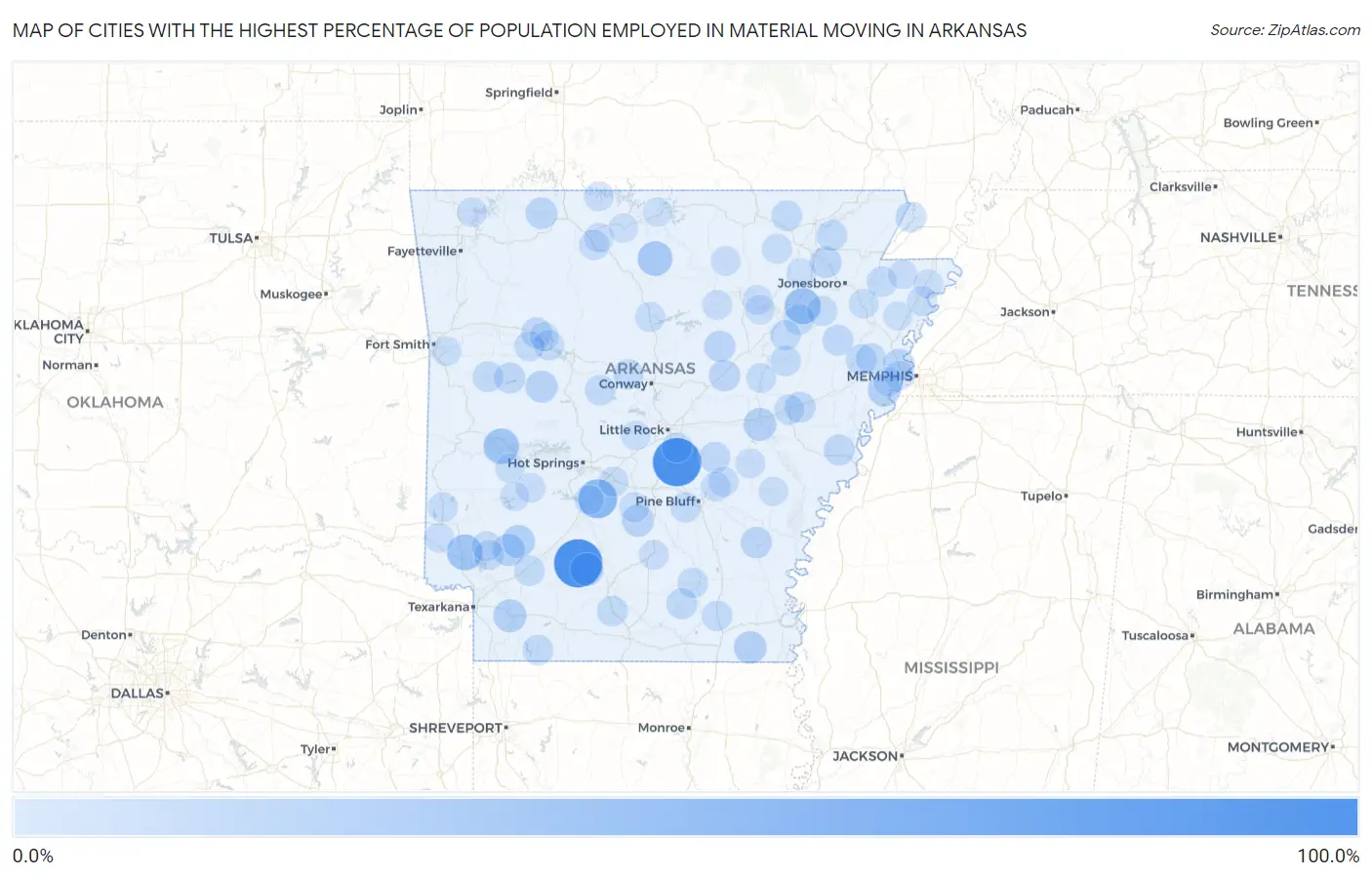 Cities with the Highest Percentage of Population Employed in Material Moving in Arkansas Map