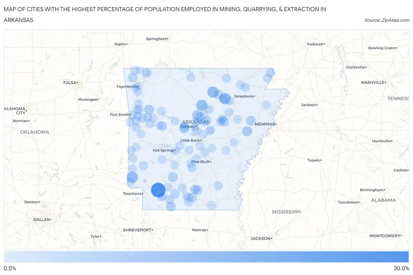 Cities with the Highest Percentage of Population Employed in Mining, Quarrying, & Extraction in Arkansas Map