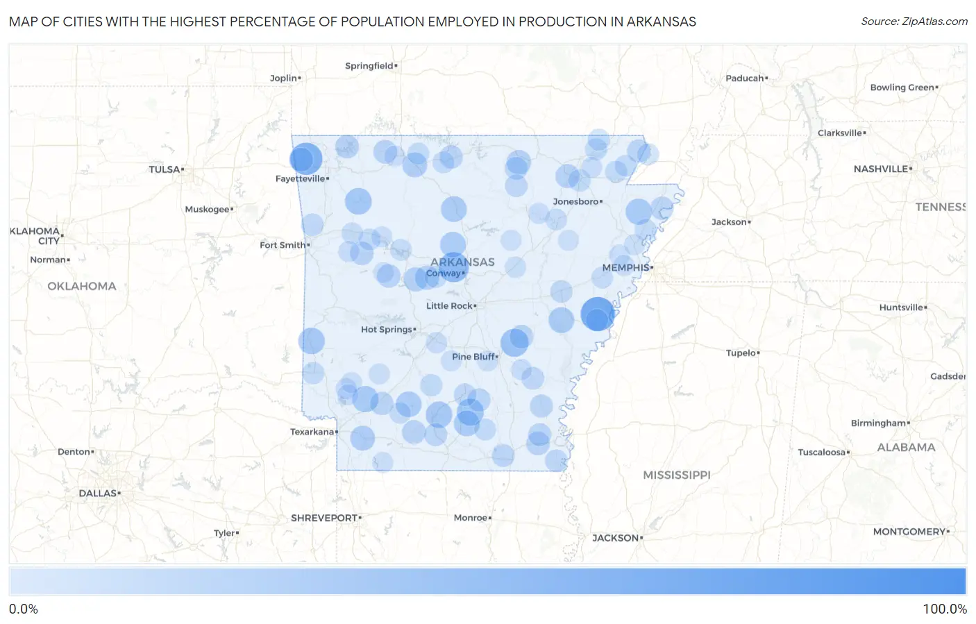 Cities with the Highest Percentage of Population Employed in Production in Arkansas Map