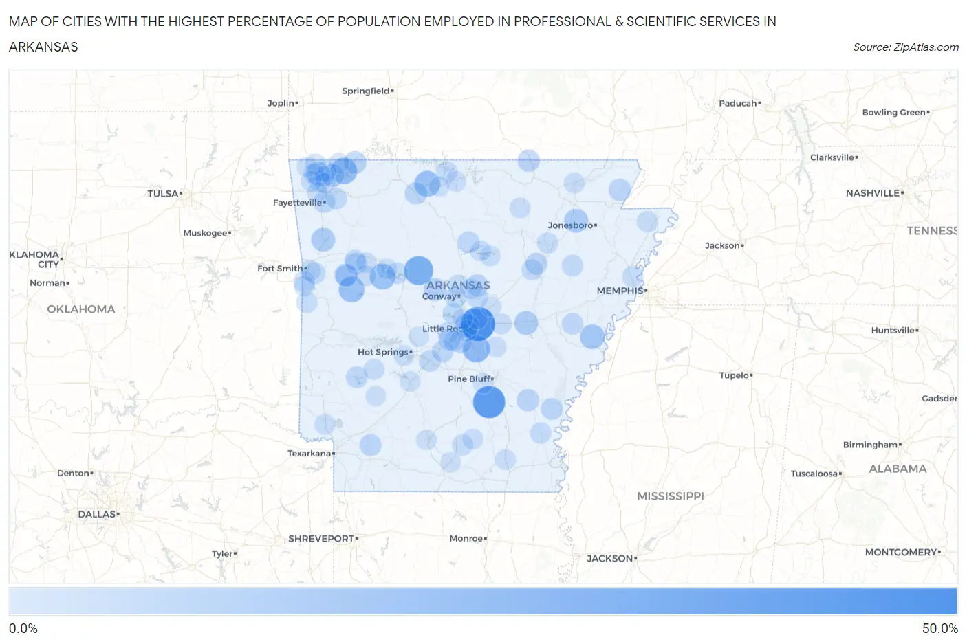 Cities with the Highest Percentage of Population Employed in Professional & Scientific Services in Arkansas Map