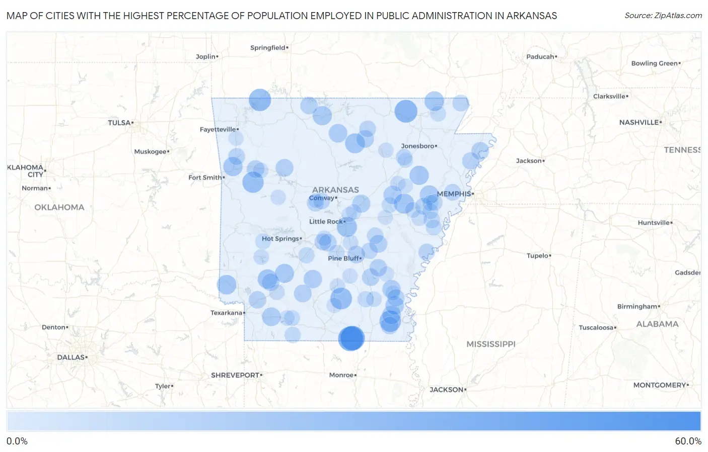Cities with the Highest Percentage of Population Employed in Public Administration in Arkansas Map