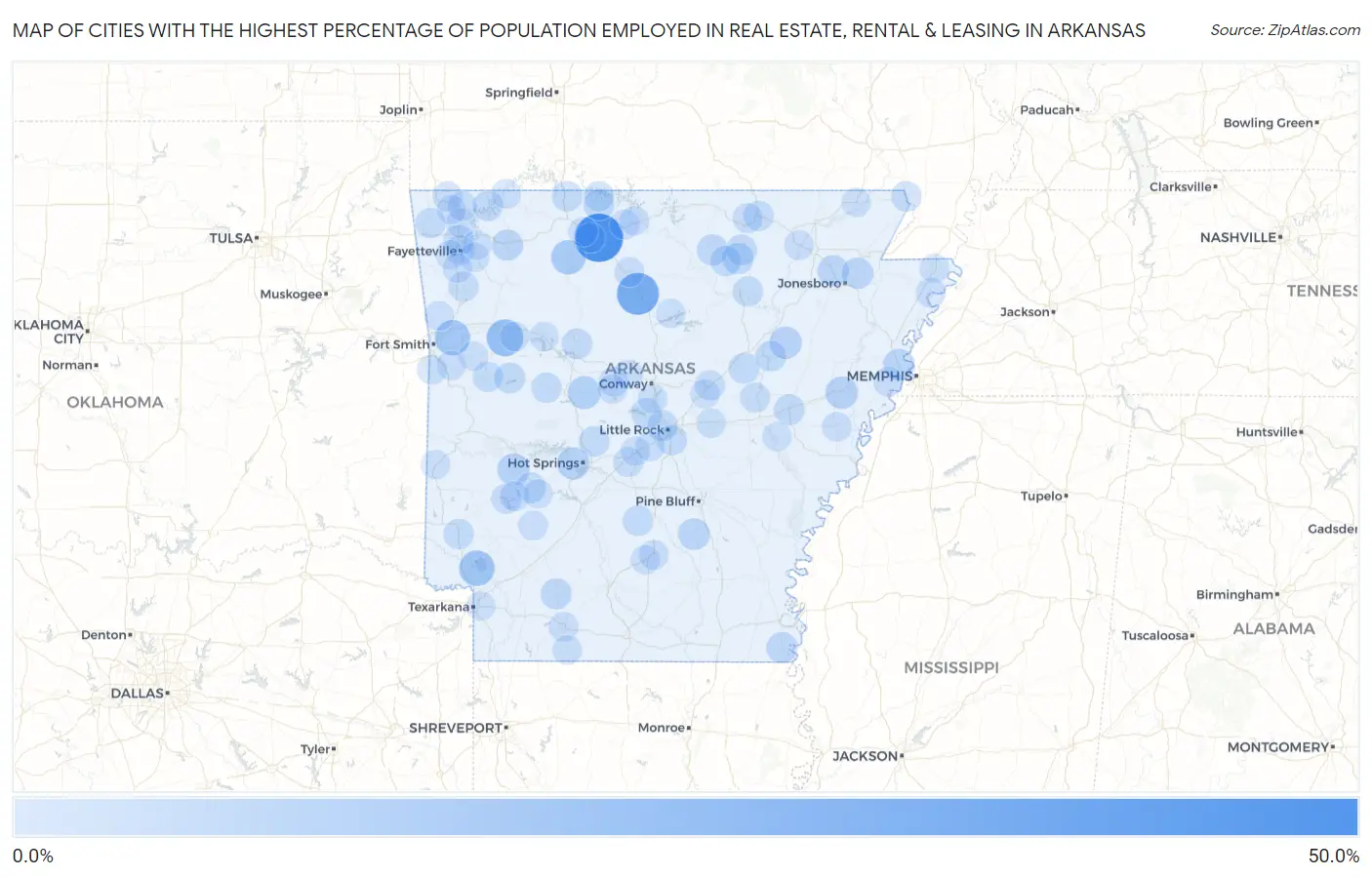 Cities with the Highest Percentage of Population Employed in Real Estate, Rental & Leasing in Arkansas Map