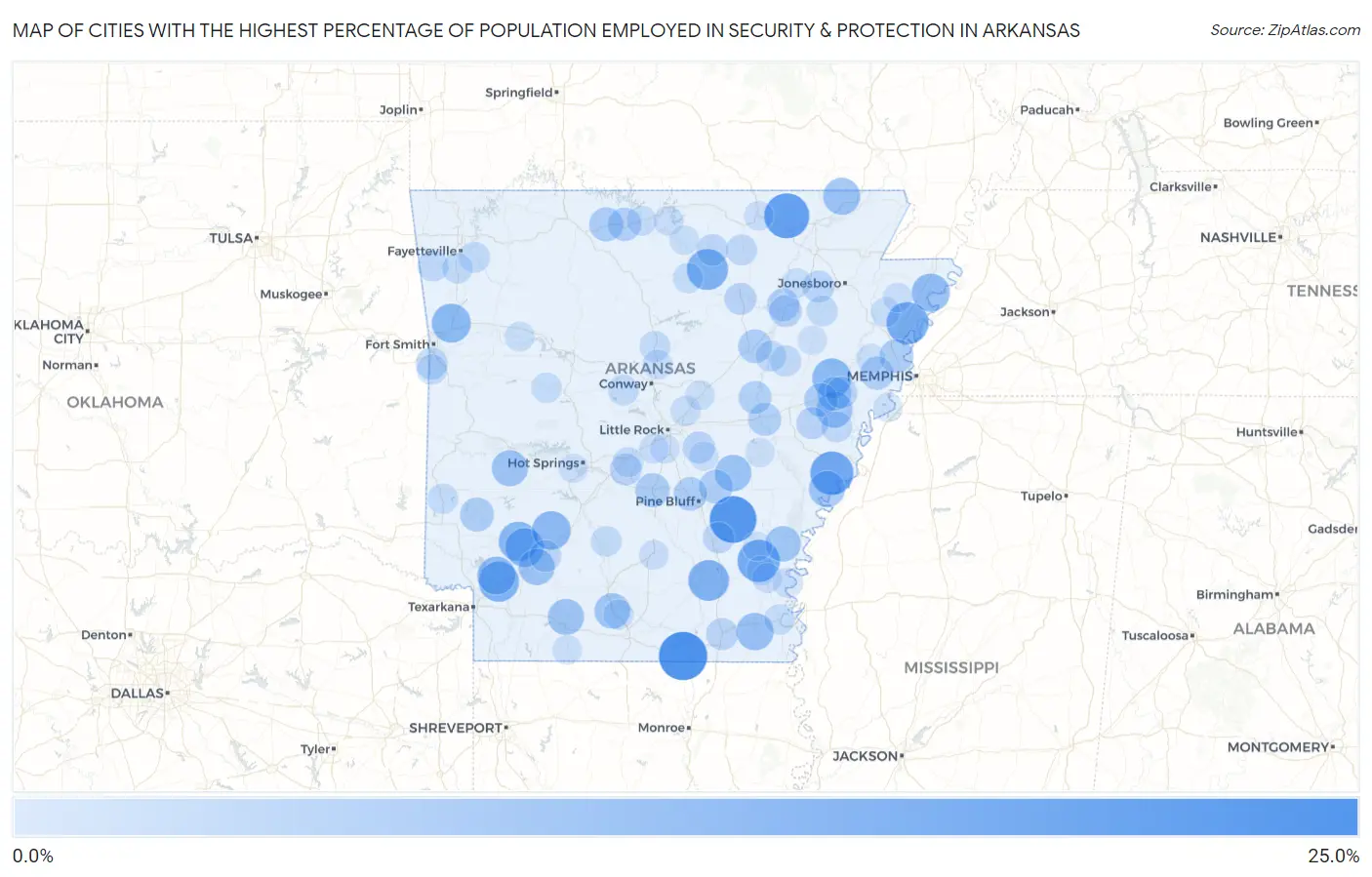 Cities with the Highest Percentage of Population Employed in Security & Protection in Arkansas Map