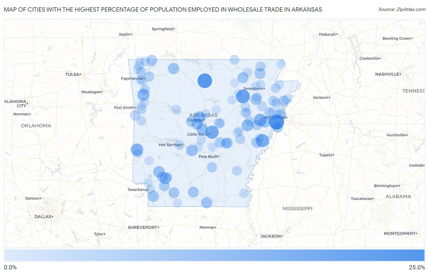 Cities with the Highest Percentage of Population Employed in Wholesale Trade in Arkansas Map