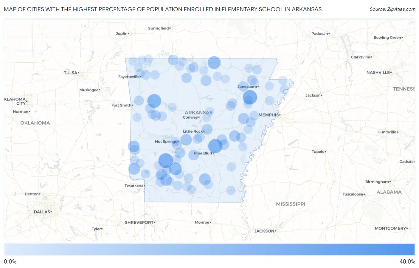 Cities with the Highest Percentage of Population Enrolled in Elementary School in Arkansas Map