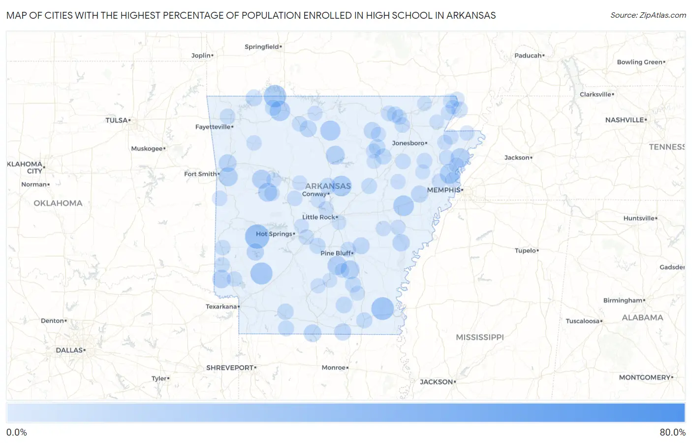 Cities with the Highest Percentage of Population Enrolled in High School in Arkansas Map