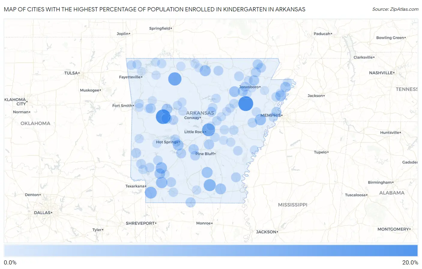 Cities with the Highest Percentage of Population Enrolled in Kindergarten in Arkansas Map