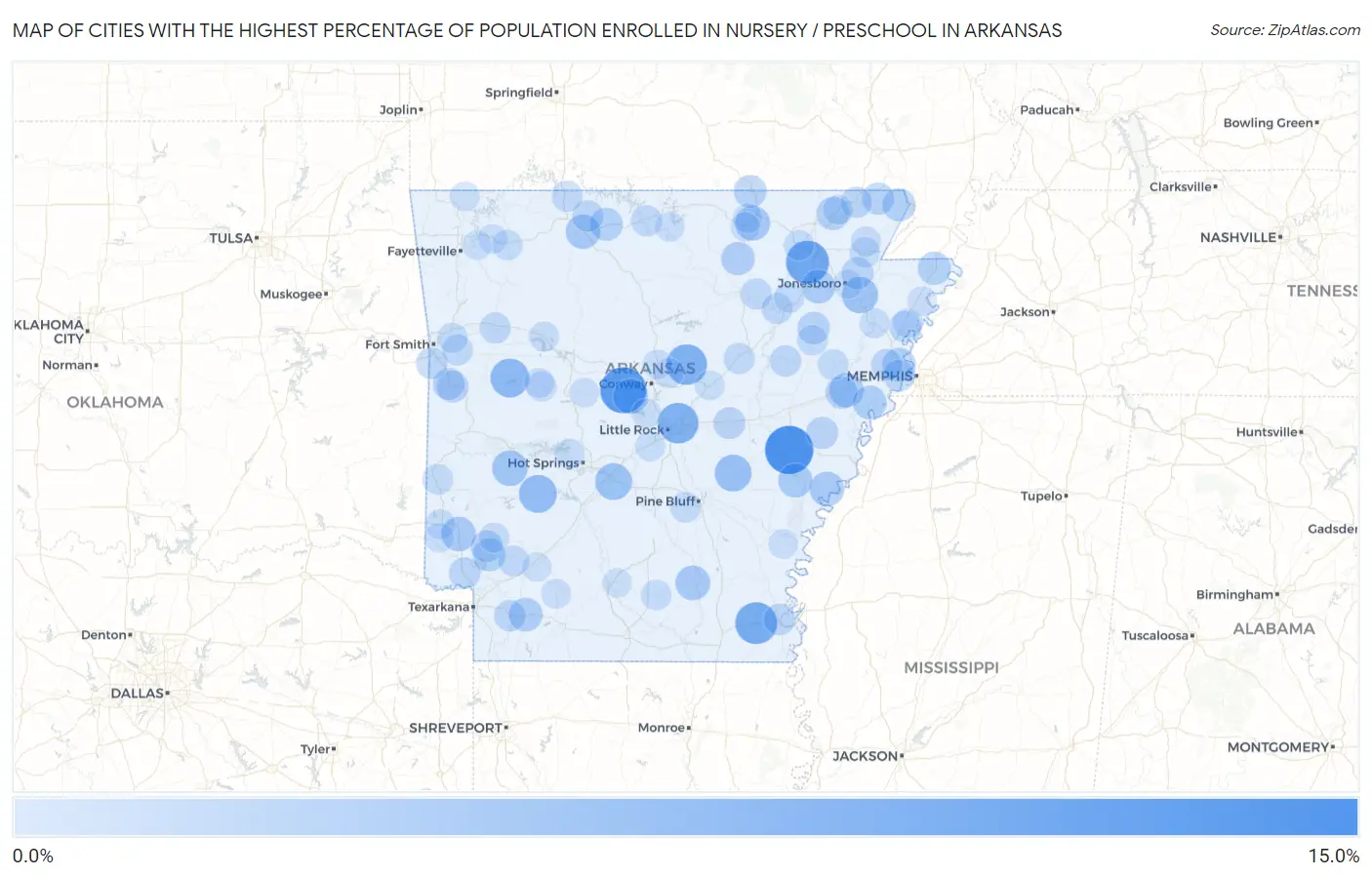 Cities with the Highest Percentage of Population Enrolled in Nursery / Preschool in Arkansas Map