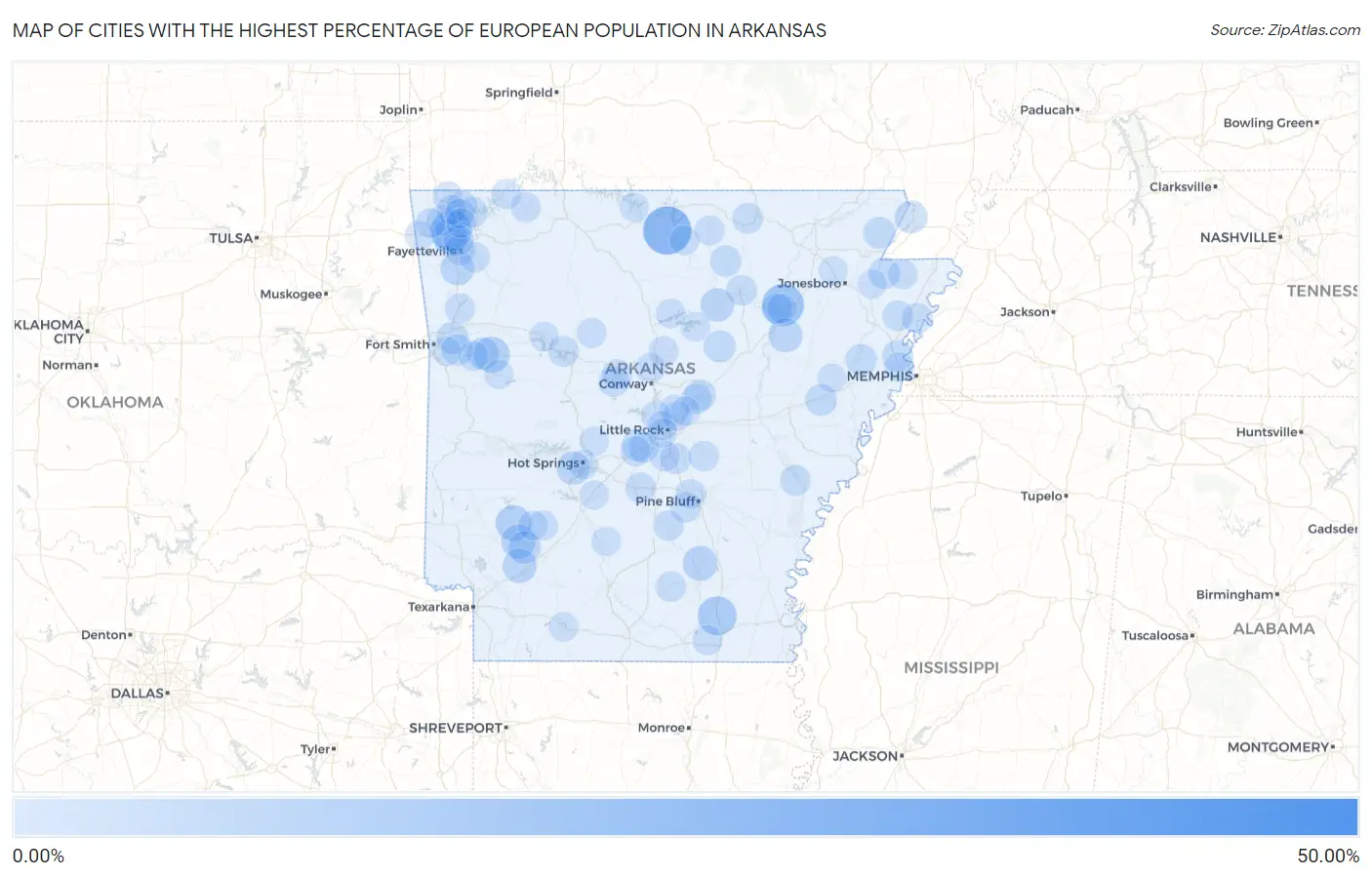 Cities with the Highest Percentage of European Population in Arkansas Map