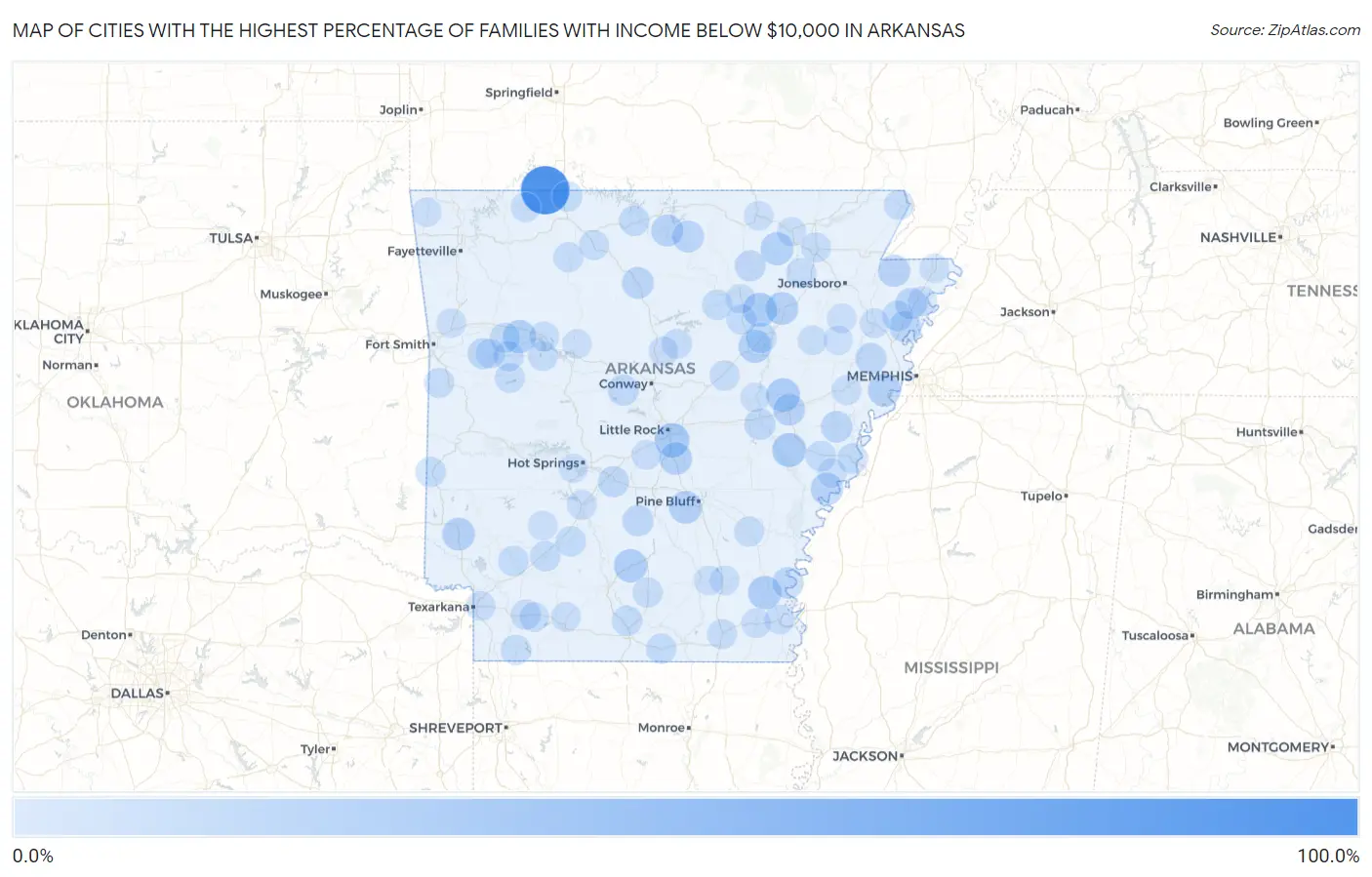 Cities with the Highest Percentage of Families with Income Below $10,000 in Arkansas Map