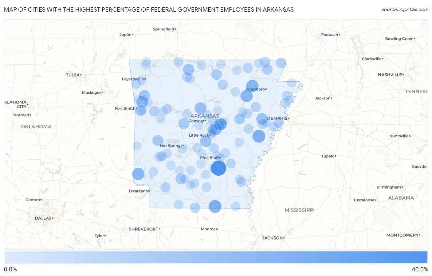 Cities with the Highest Percentage of Federal Government Employees in Arkansas Map