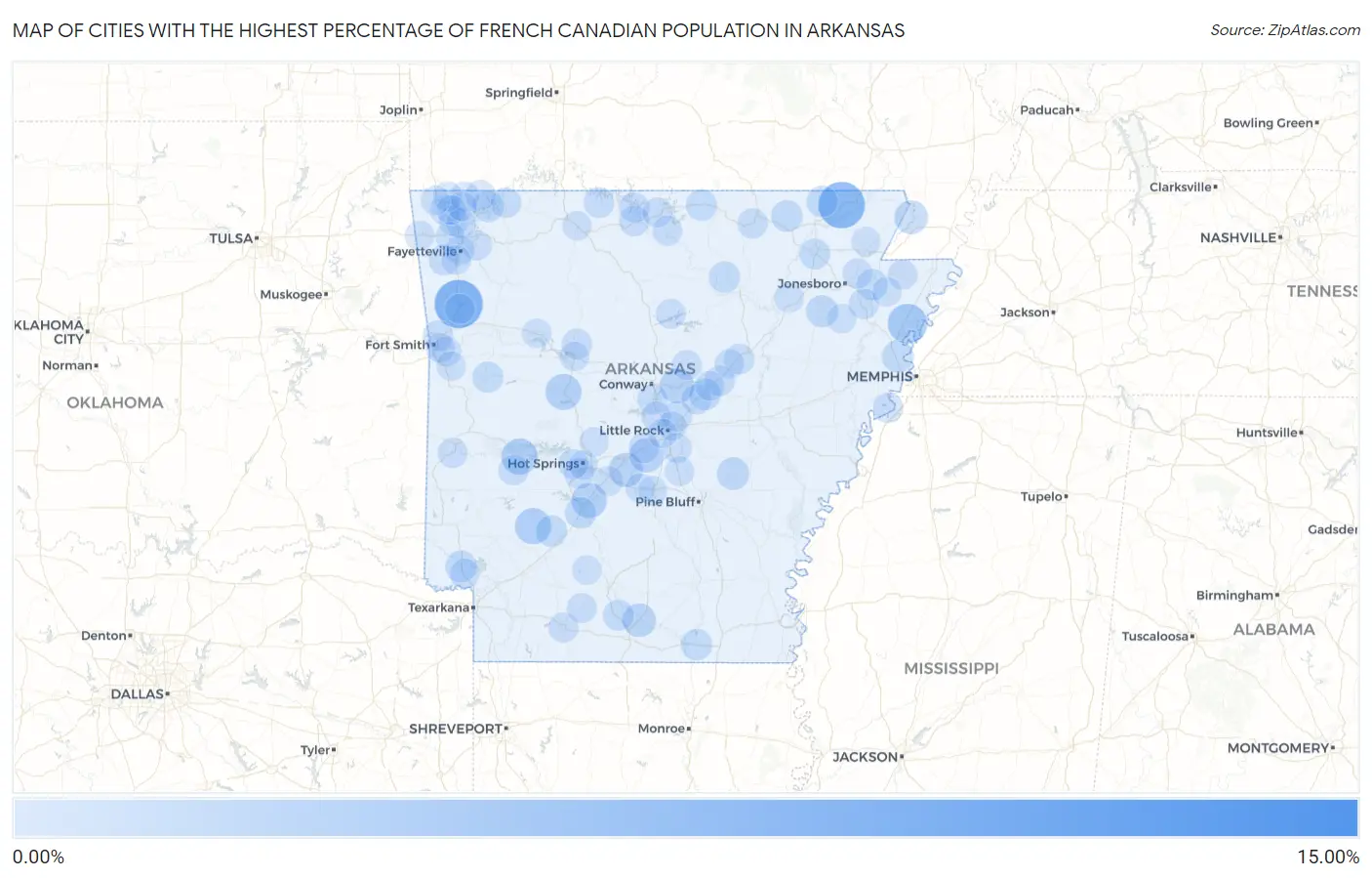 Cities with the Highest Percentage of French Canadian Population in Arkansas Map