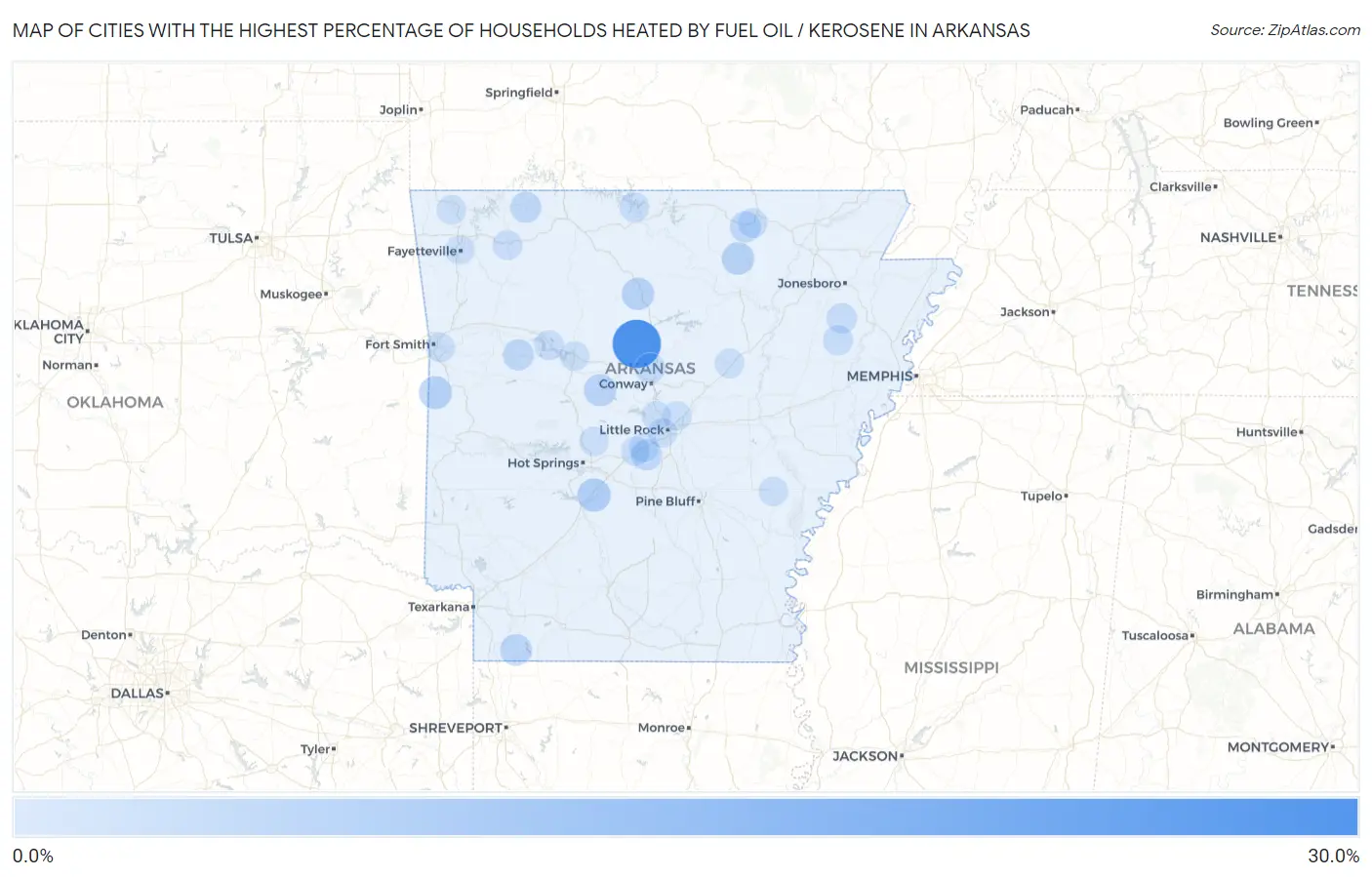 Cities with the Highest Percentage of Households Heated by Fuel Oil / Kerosene in Arkansas Map