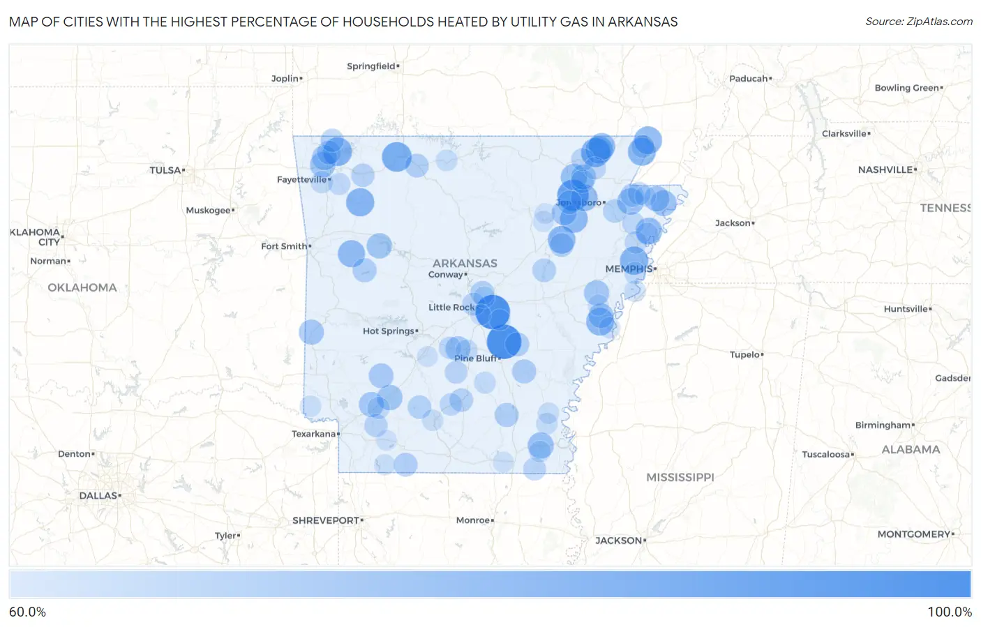 Cities with the Highest Percentage of Households Heated by Utility Gas in Arkansas Map