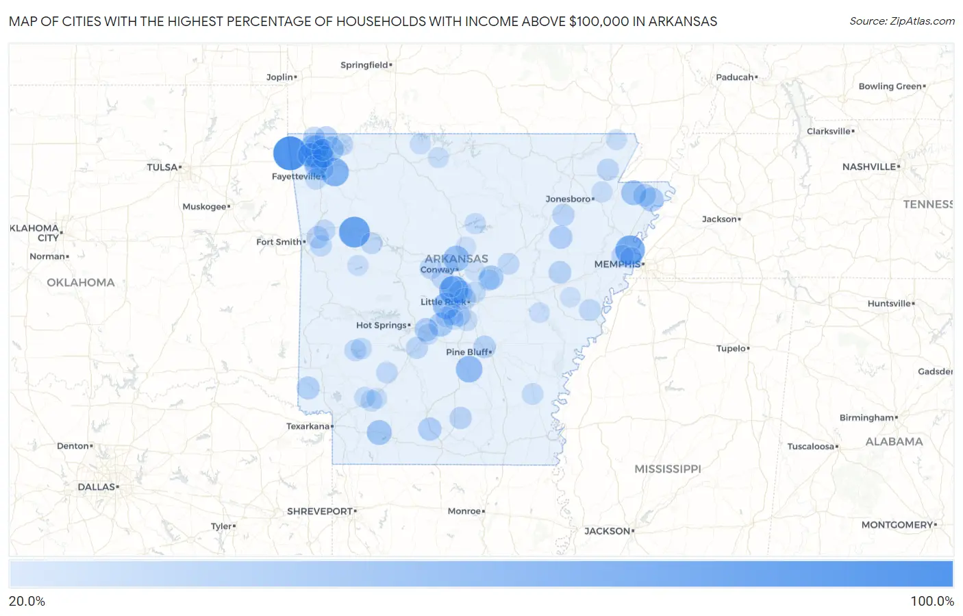 Cities with the Highest Percentage of Households with Income Above $100,000 in Arkansas Map