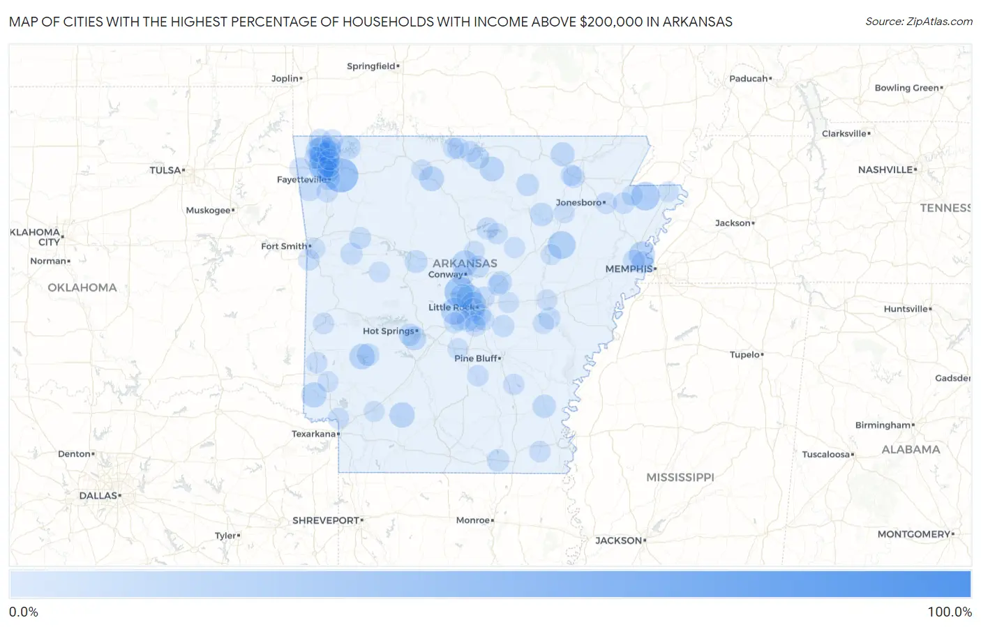 Cities with the Highest Percentage of Households with Income Above $200,000 in Arkansas Map