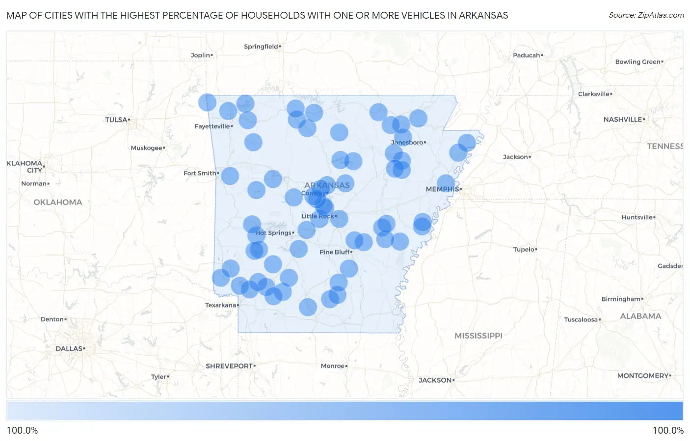 Cities with the Highest Percentage of Households With One or more Vehicles in Arkansas Map