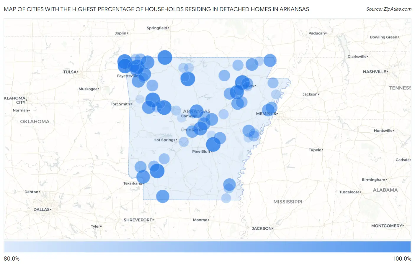 Cities with the Highest Percentage of Households Residing in Detached Homes in Arkansas Map