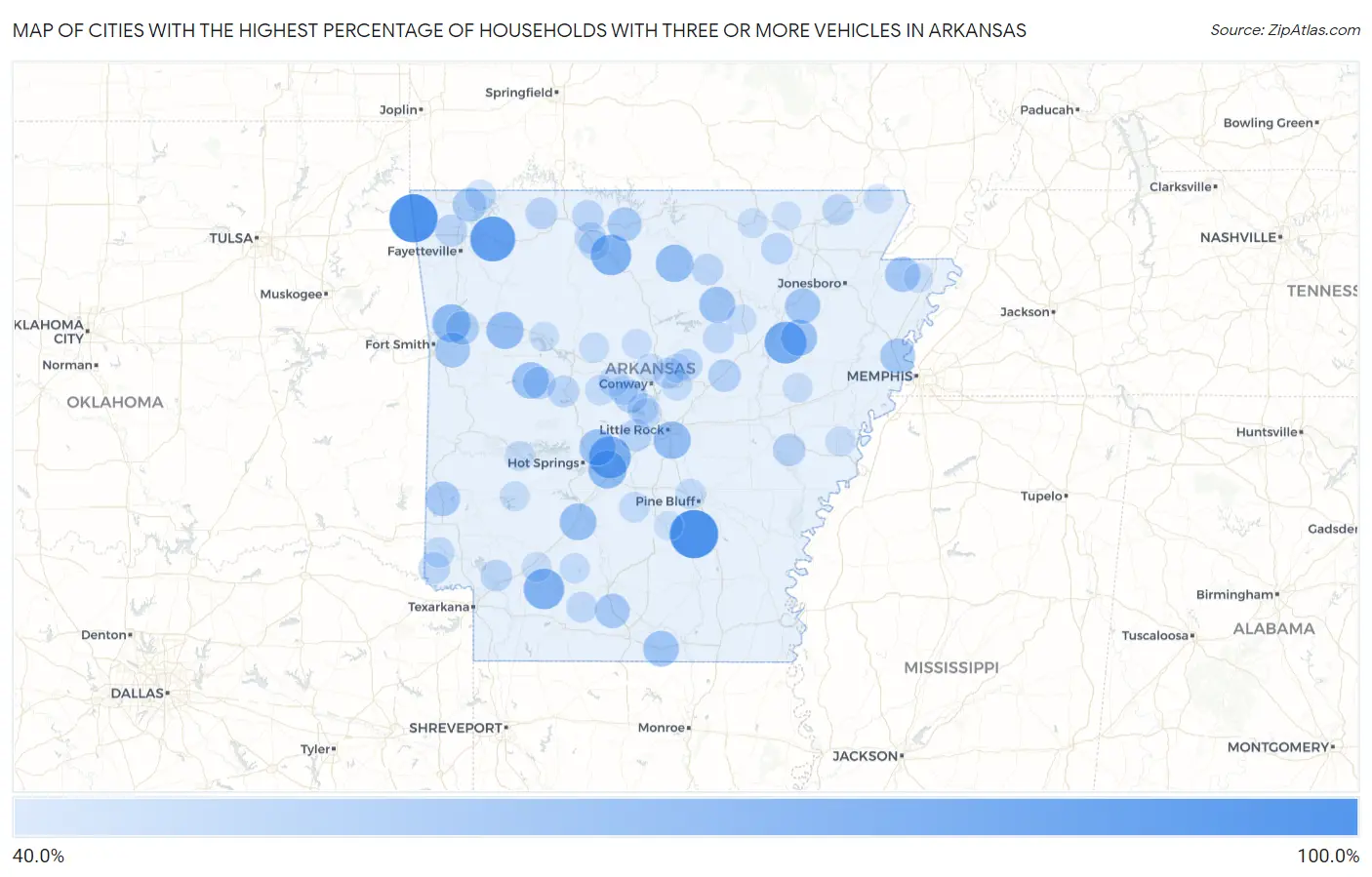 Cities with the Highest Percentage of Households With Three or more Vehicles in Arkansas Map