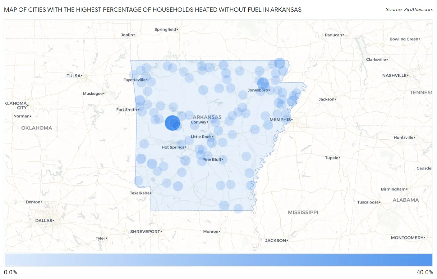 Cities with the Highest Percentage of Households Heated without Fuel in Arkansas Map