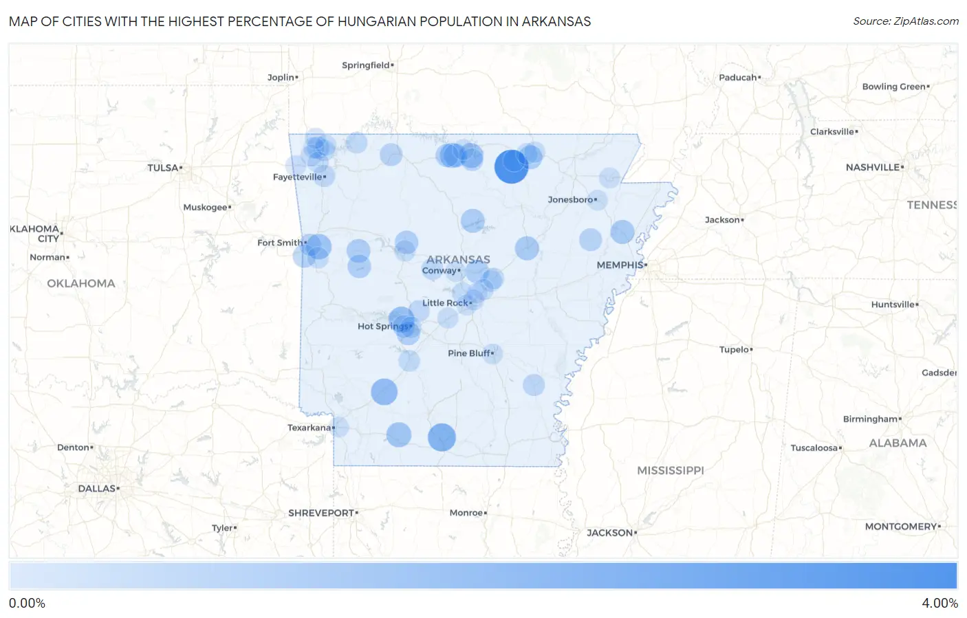 Cities with the Highest Percentage of Hungarian Population in Arkansas Map