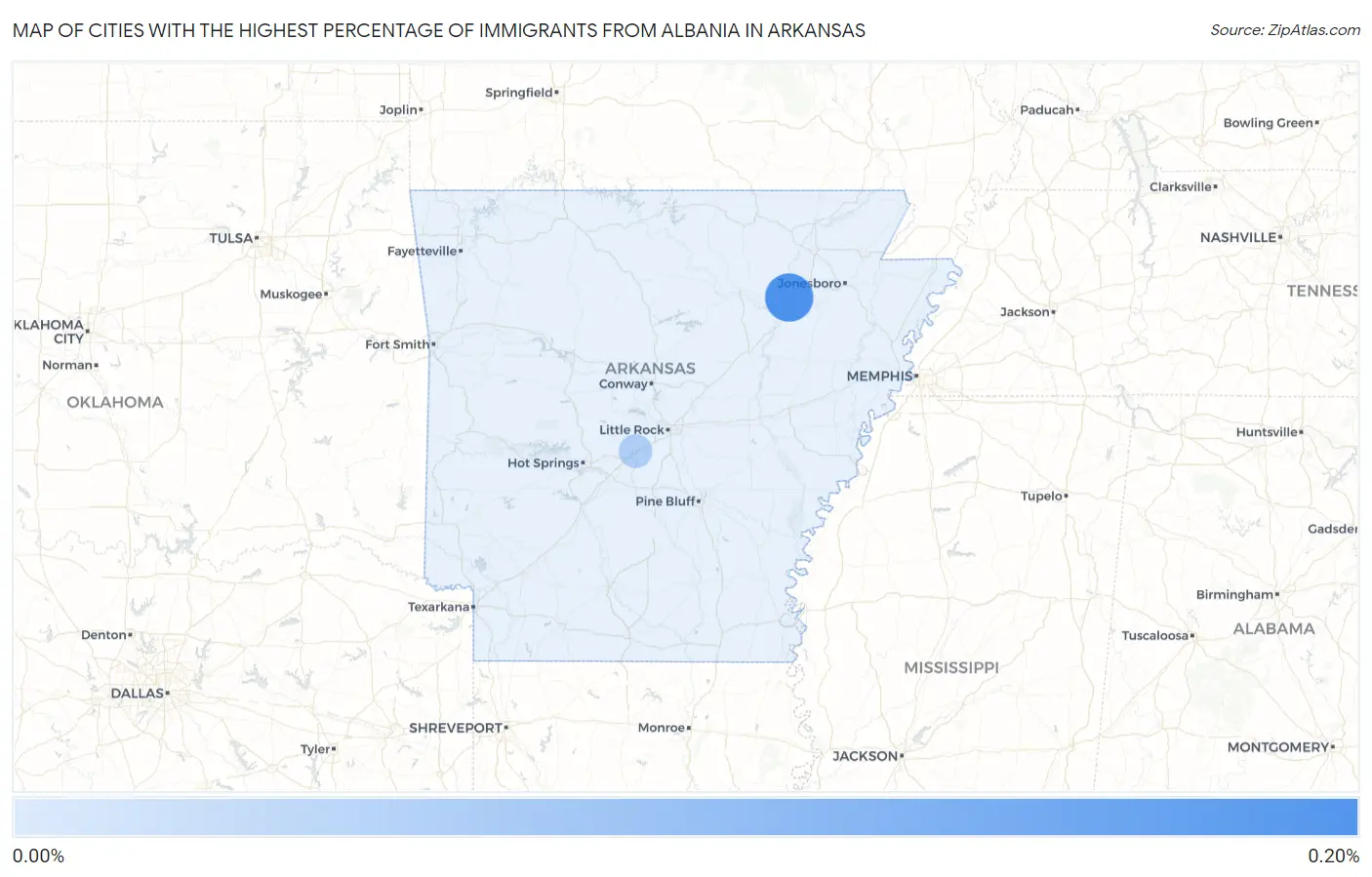 Cities with the Highest Percentage of Immigrants from Albania in Arkansas Map