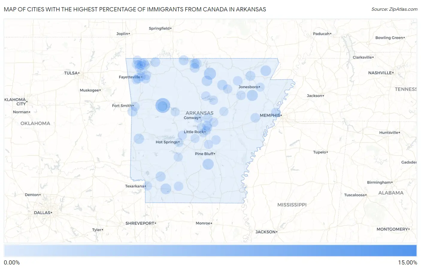 Cities with the Highest Percentage of Immigrants from Canada in Arkansas Map