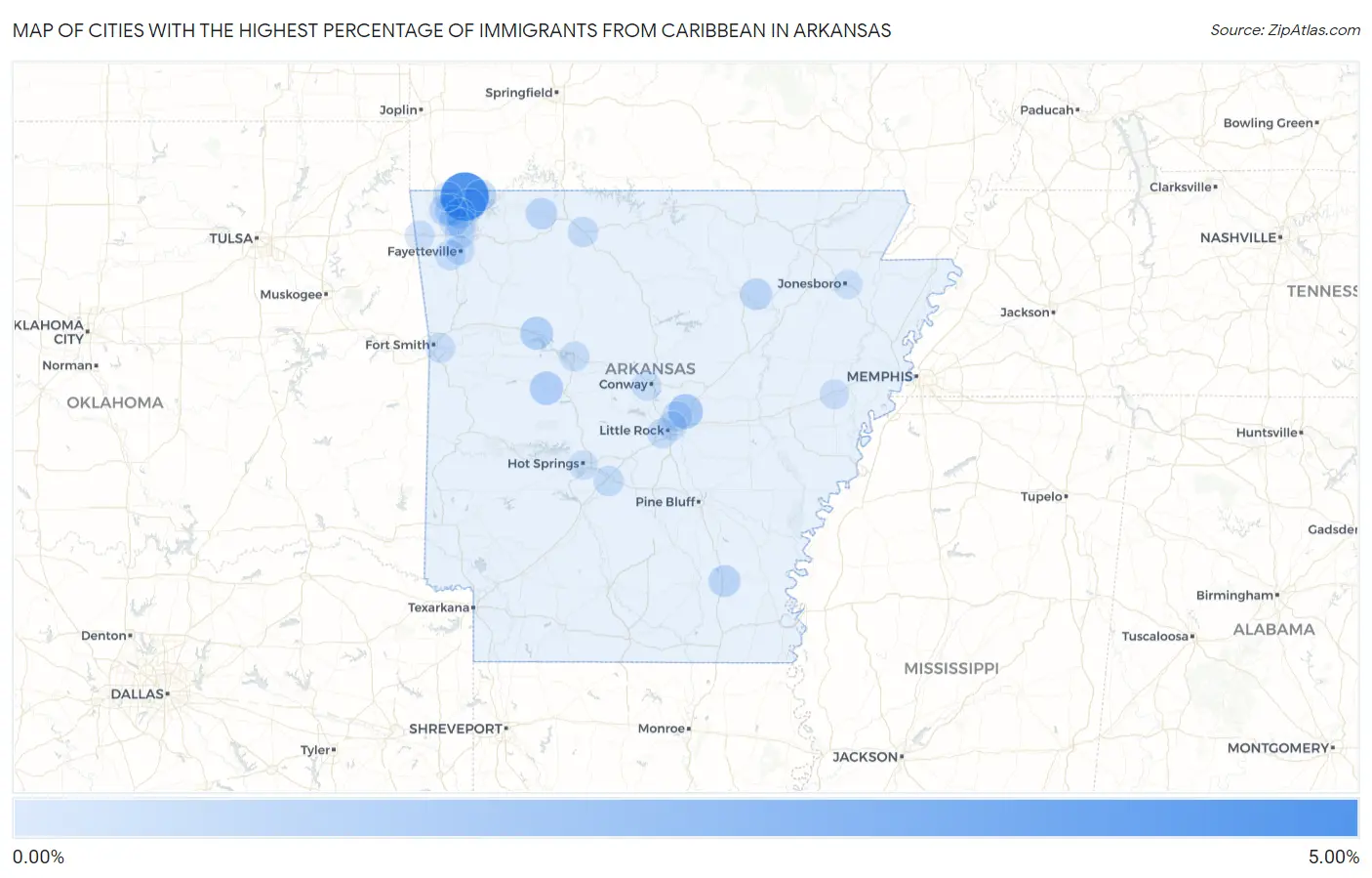 Cities with the Highest Percentage of Immigrants from Caribbean in Arkansas Map
