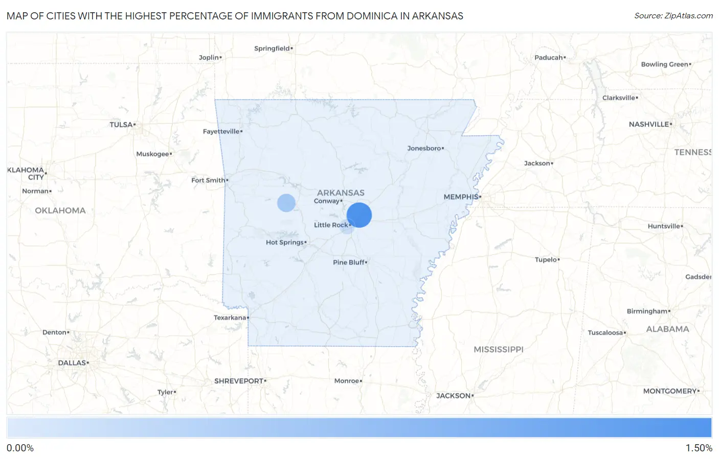 Cities with the Highest Percentage of Immigrants from Dominica in Arkansas Map