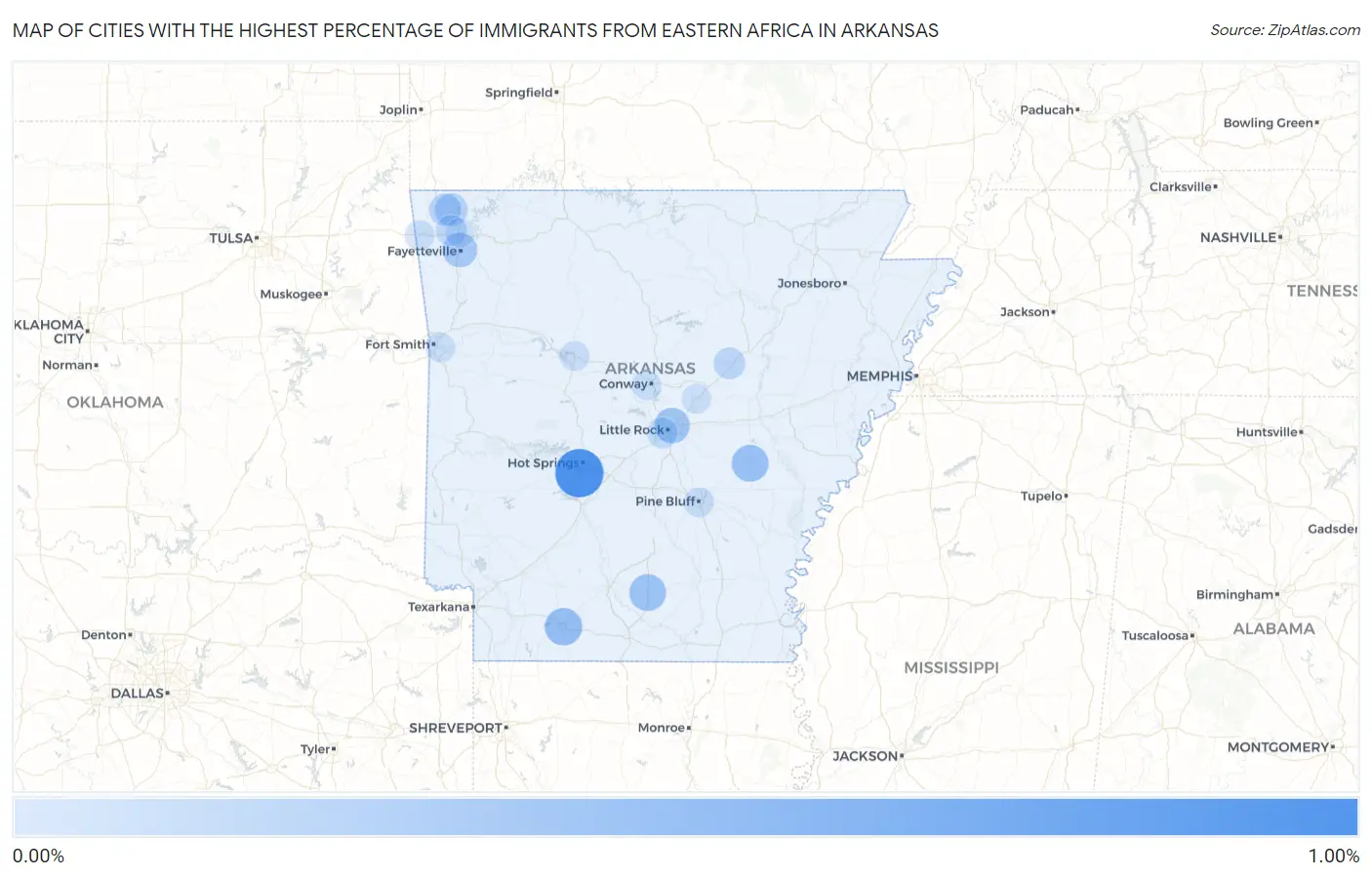 Cities with the Highest Percentage of Immigrants from Eastern Africa in Arkansas Map