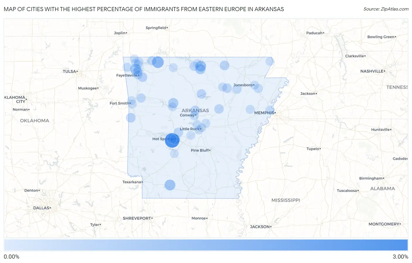 Cities with the Highest Percentage of Immigrants from Eastern Europe in Arkansas Map
