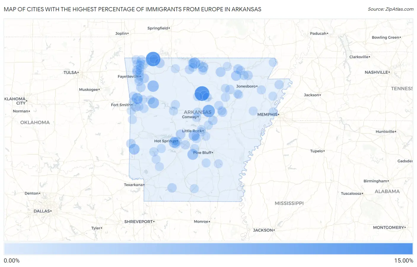 Cities with the Highest Percentage of Immigrants from Europe in Arkansas Map