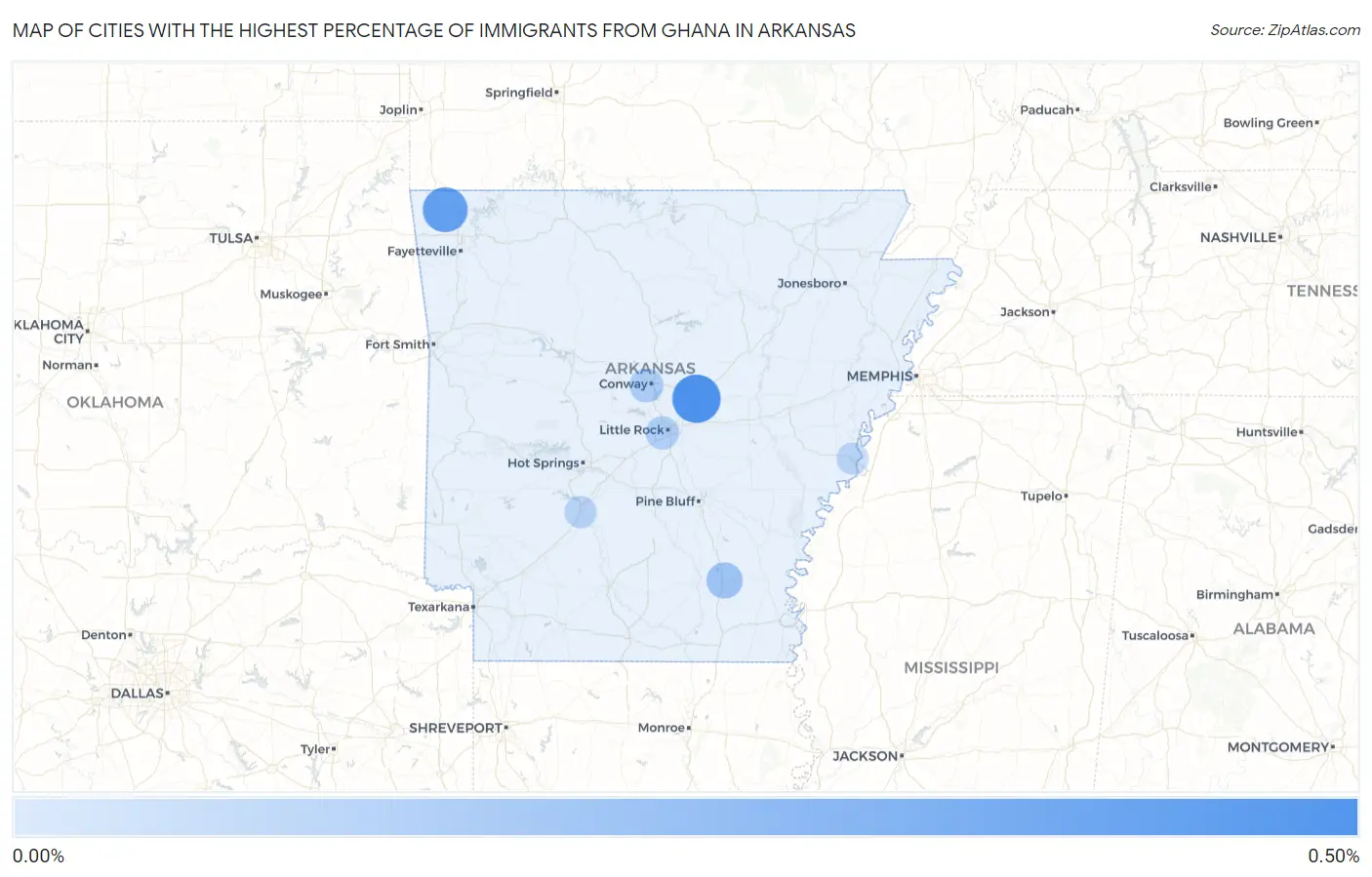 Cities with the Highest Percentage of Immigrants from Ghana in Arkansas Map