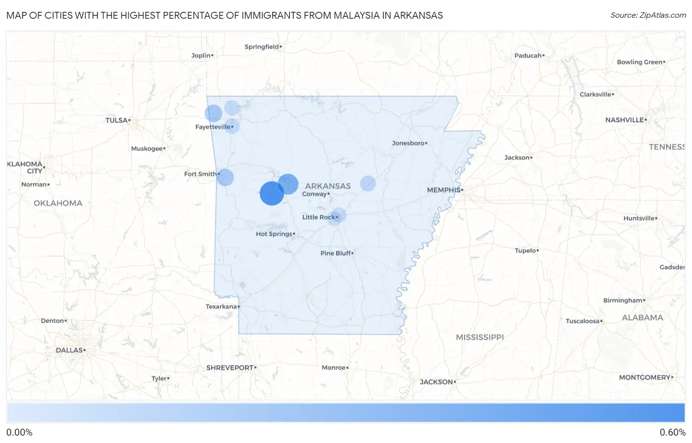 Cities with the Highest Percentage of Immigrants from Malaysia in Arkansas Map