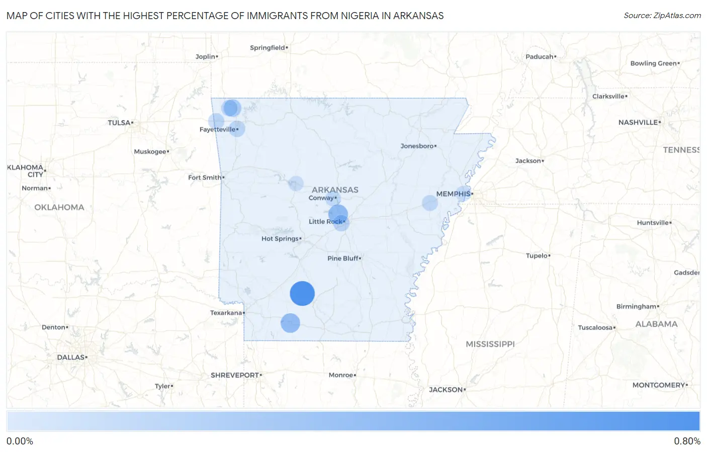 Cities with the Highest Percentage of Immigrants from Nigeria in Arkansas Map