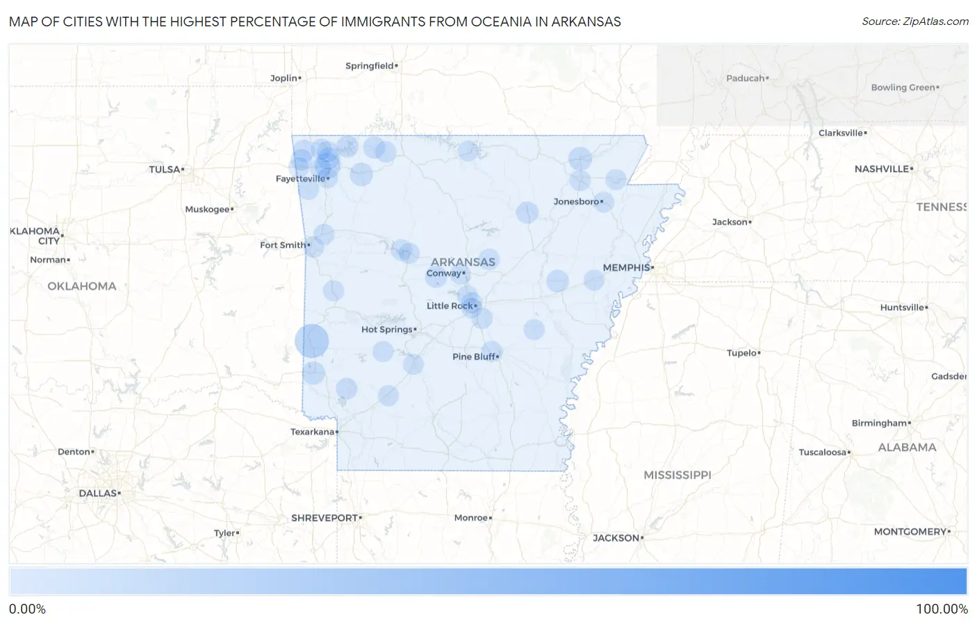 Cities with the Highest Percentage of Immigrants from Oceania in Arkansas Map