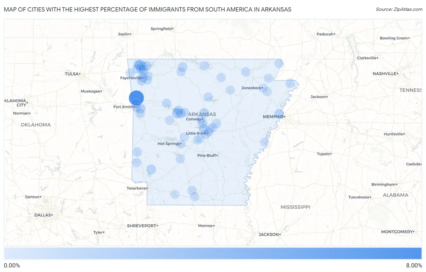 Cities with the Highest Percentage of Immigrants from South America in Arkansas Map