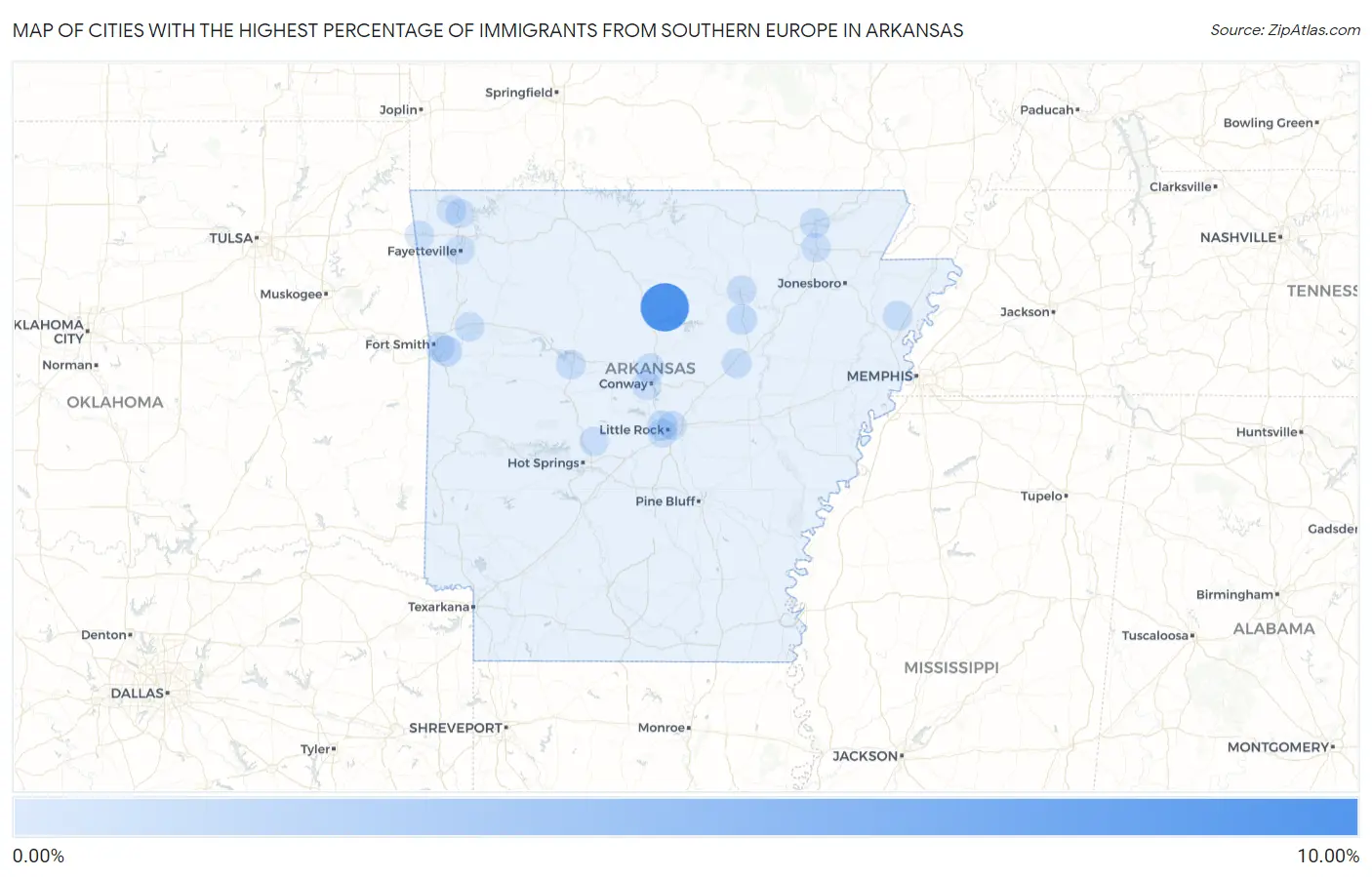 Cities with the Highest Percentage of Immigrants from Southern Europe in Arkansas Map