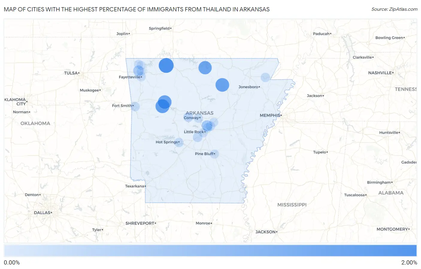 Cities with the Highest Percentage of Immigrants from Thailand in Arkansas Map