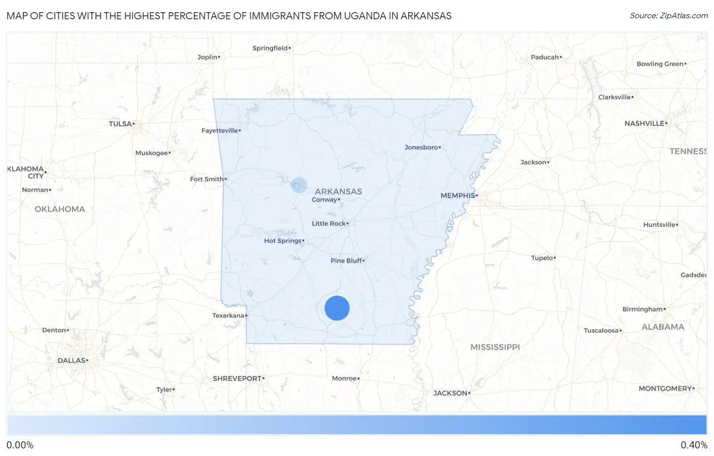 Cities with the Highest Percentage of Immigrants from Uganda in Arkansas Map